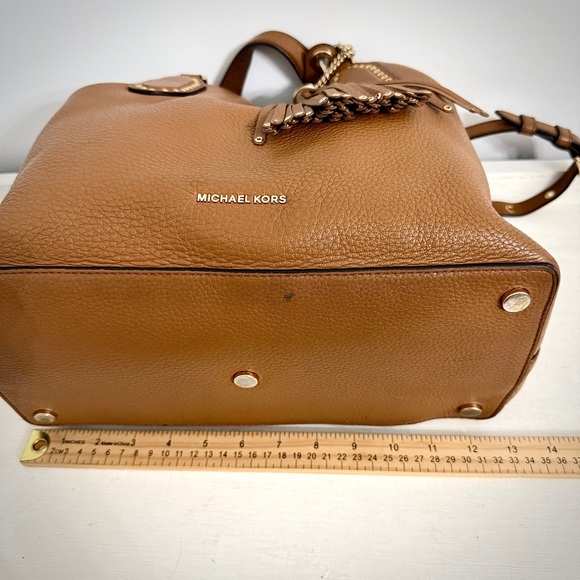 Michael Kors Brooklyn Leather Tassel Grommet Satchel Tote Bag Purse in Acorn - Picture 13 of 16